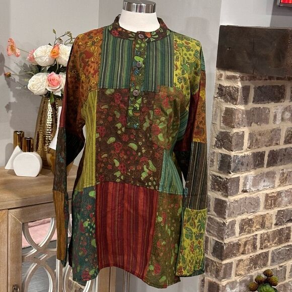 Wicked Dragon Forest Folk Men’s Bohemian Patchwork Shirt in the Size X-Large - Picture 5 of 12